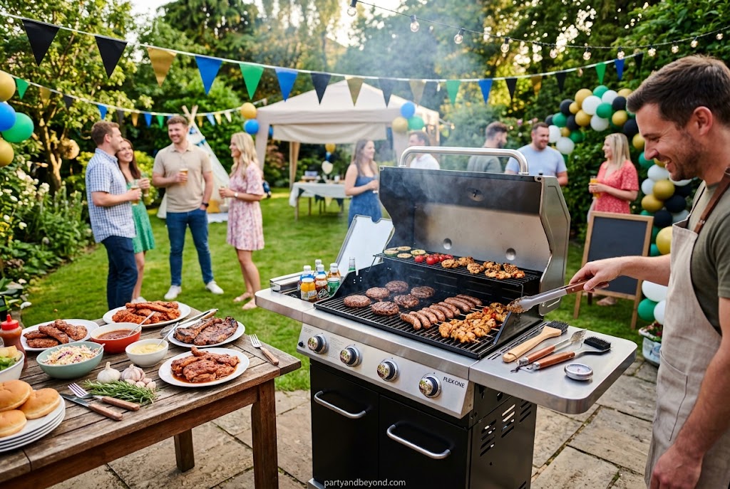 Colorful birthday BBQ party with balloons and outdoor decorations