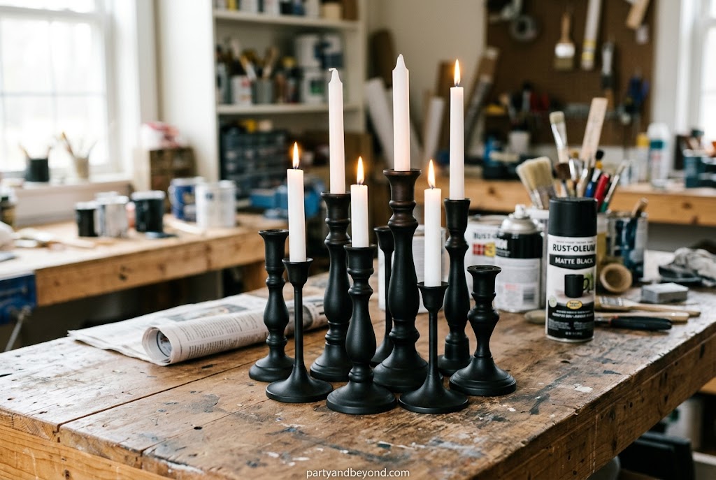 Matte black painted candlestick cluster with LED candles for gothic Halloween decor.