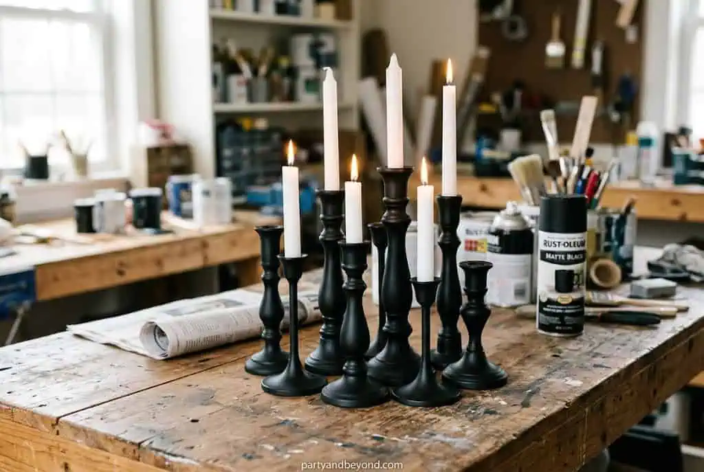 Matte black painted candlestick cluster with LED candles for gothic Halloween decor.