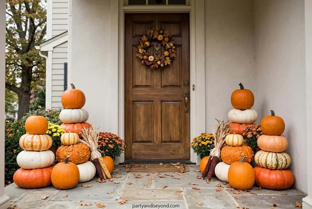 Thanksgiving front door decorated with warm harvest accents and welcoming seasonal decor.