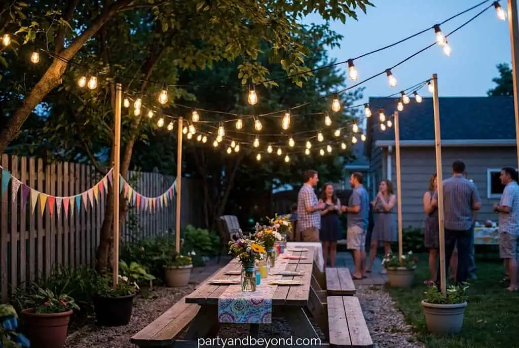 Outdoor string light canopy over backyard patio for a summer party