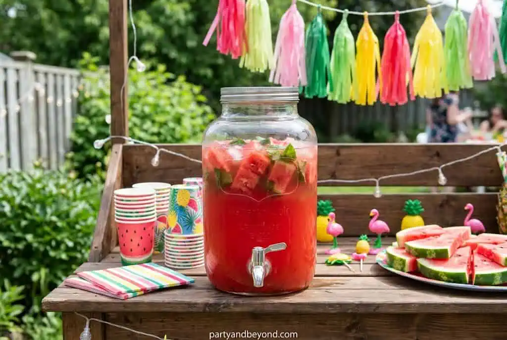 DIY watermelon drink dispenser serving lemonade at a backyard party