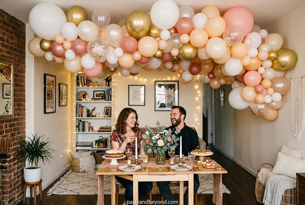 Ceiling balloon cloud decoration creating a festive party atmosphere in a small room.
