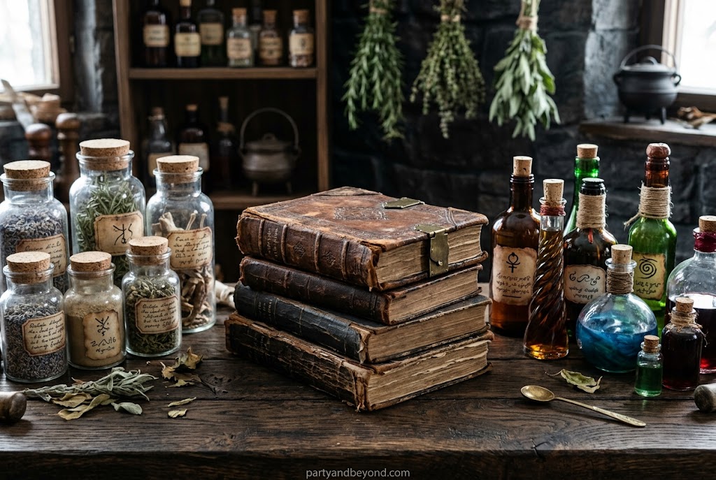 : DIY witch spell books stacked for Halloween shelf decoration.