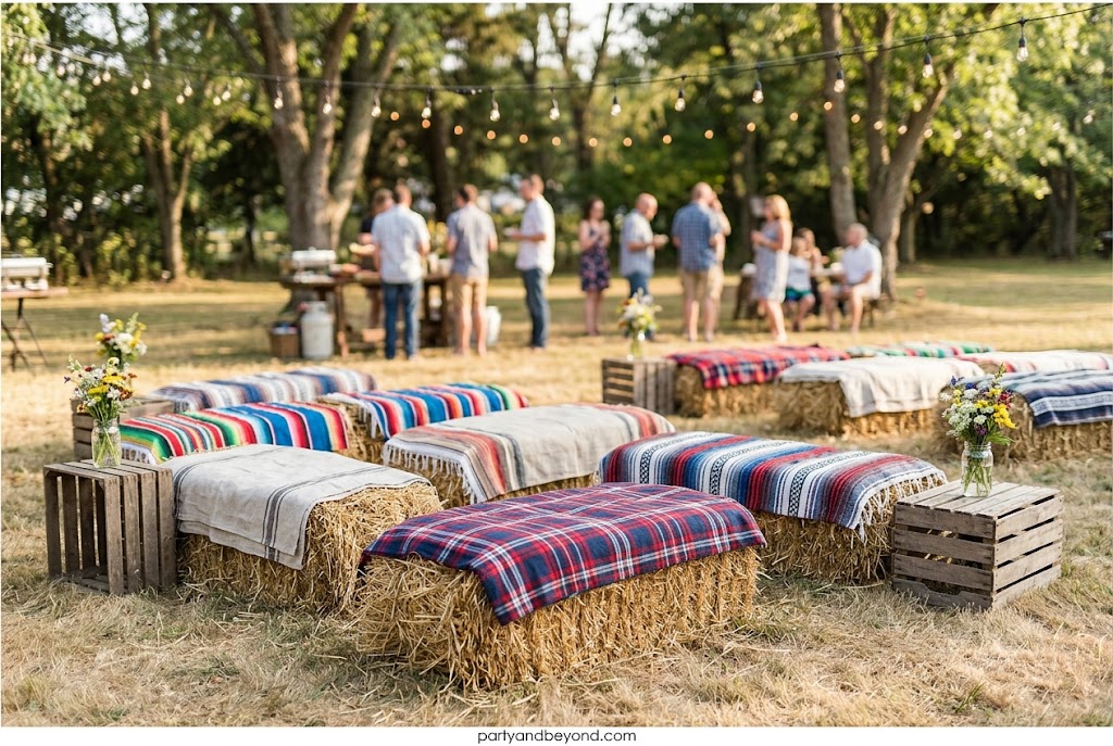 Rustic hay bale seating with blankets for an outdoor summer party