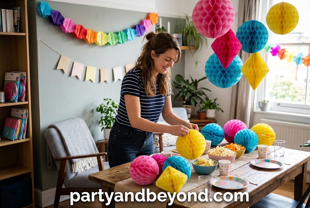Reusable fold-flat party decorations for easy storage in small apartments.