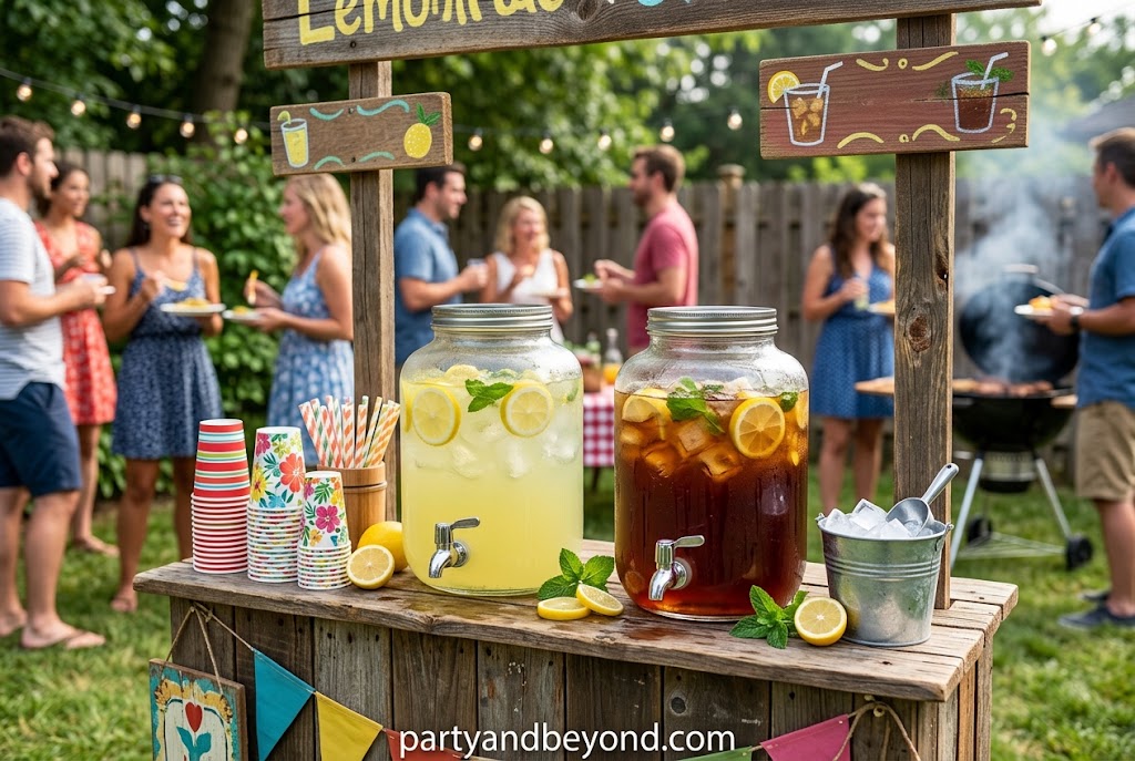 Refreshing lemonade and sweet tea drink station for summer BBQ