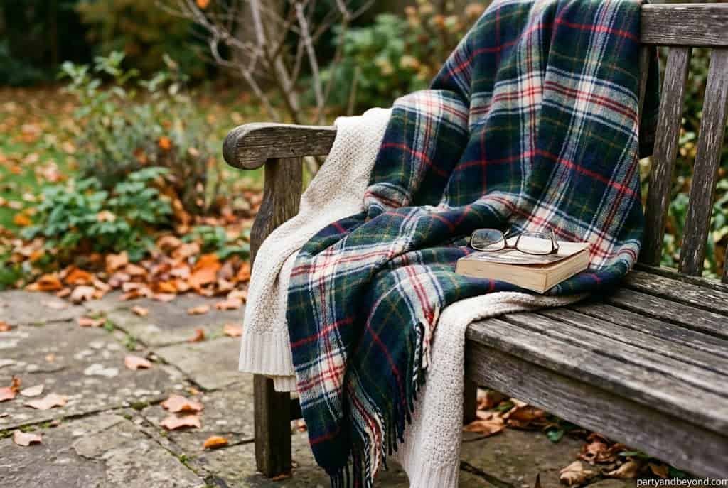 : Cozy Thanksgiving porch seating with plaid blankets, pillows, and harvest decorations.