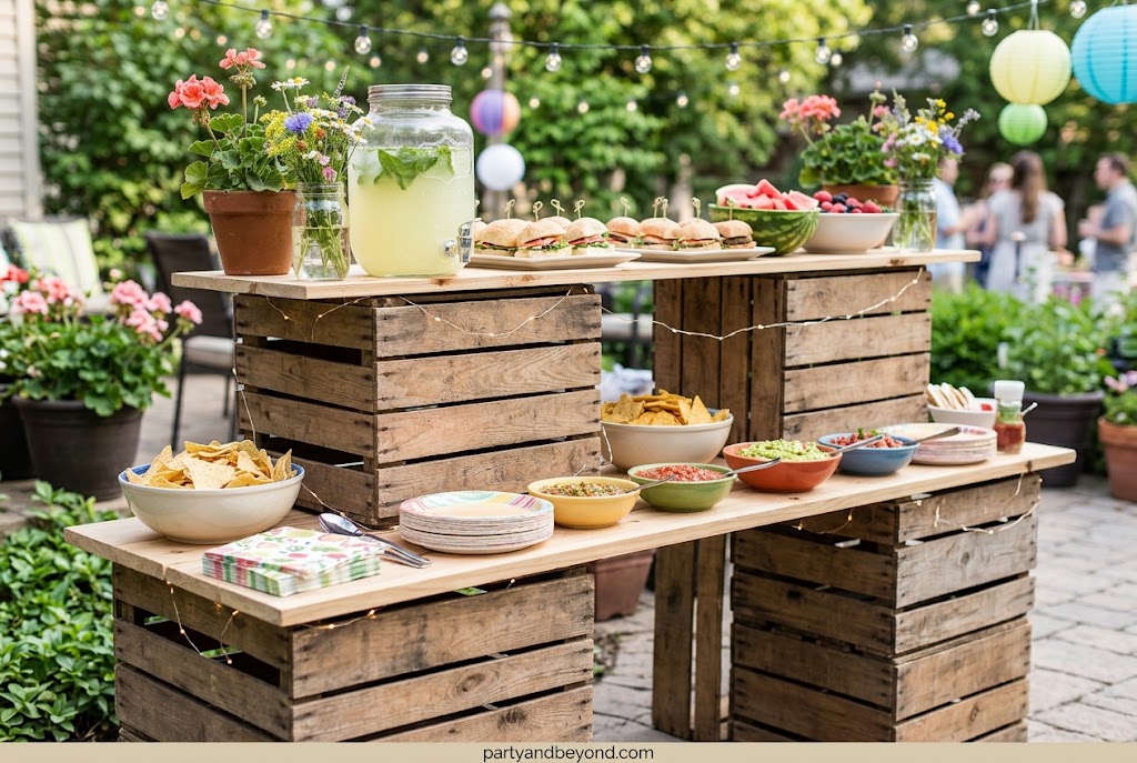 Rustic hay bale seating with blankets for an outdoor summer party