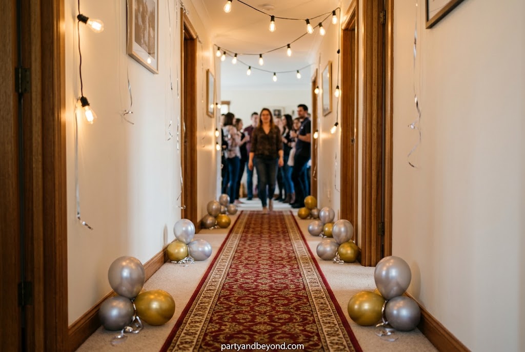 Streamer-decorated hallway entrance creating a fun party walkway in a small home Small Space Party Decorations