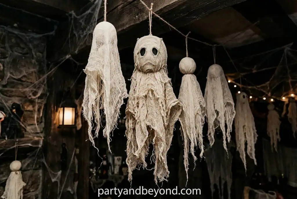 Floating cheesecloth ghosts made with glue and fabric stiffening technique.