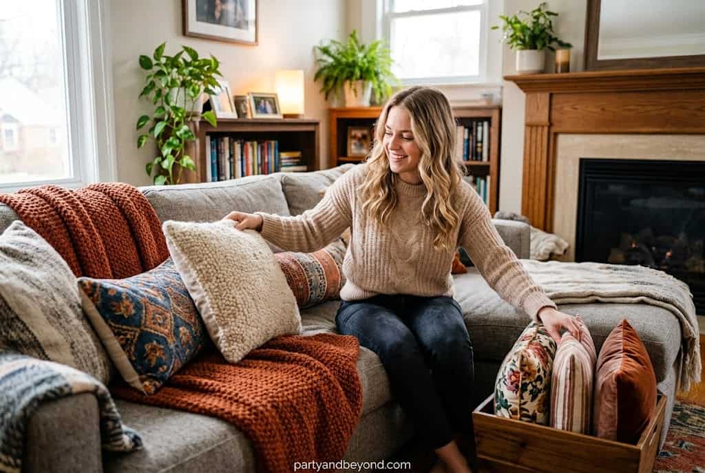 Outdoor rust and mustard pillows adding cozy Thanksgiving style to porch seating