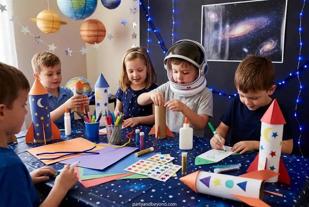 Kids launching handmade paper rockets using drinking straws during a birthday activity