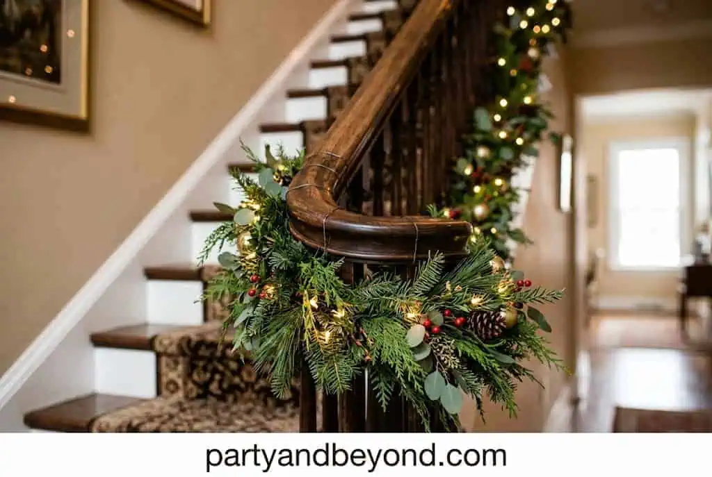 Faux autumn leaf garland wrapped around a porch railing with pinecone accents