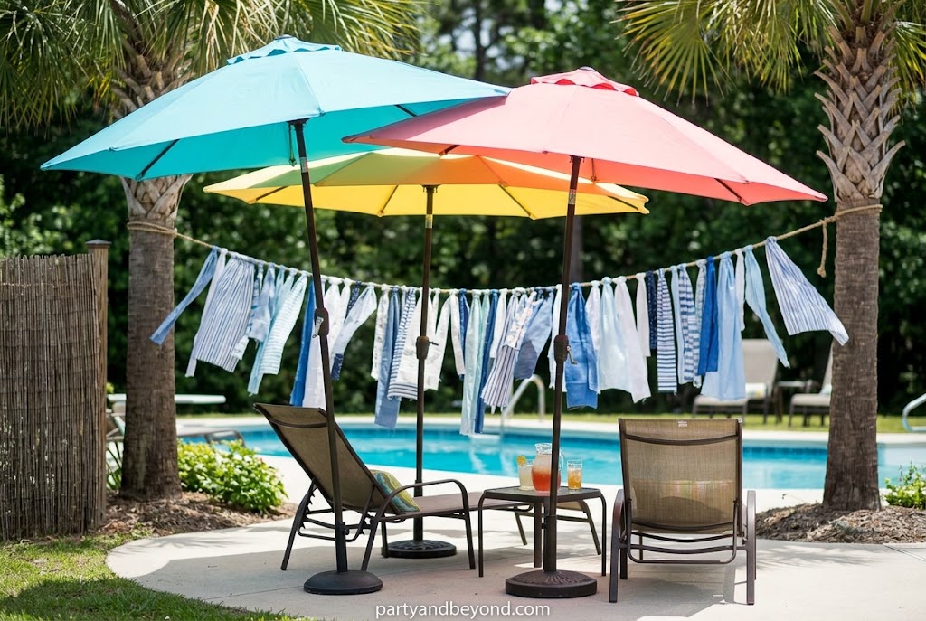 DIY no-sew shade sail providing shade for a backyard summer party