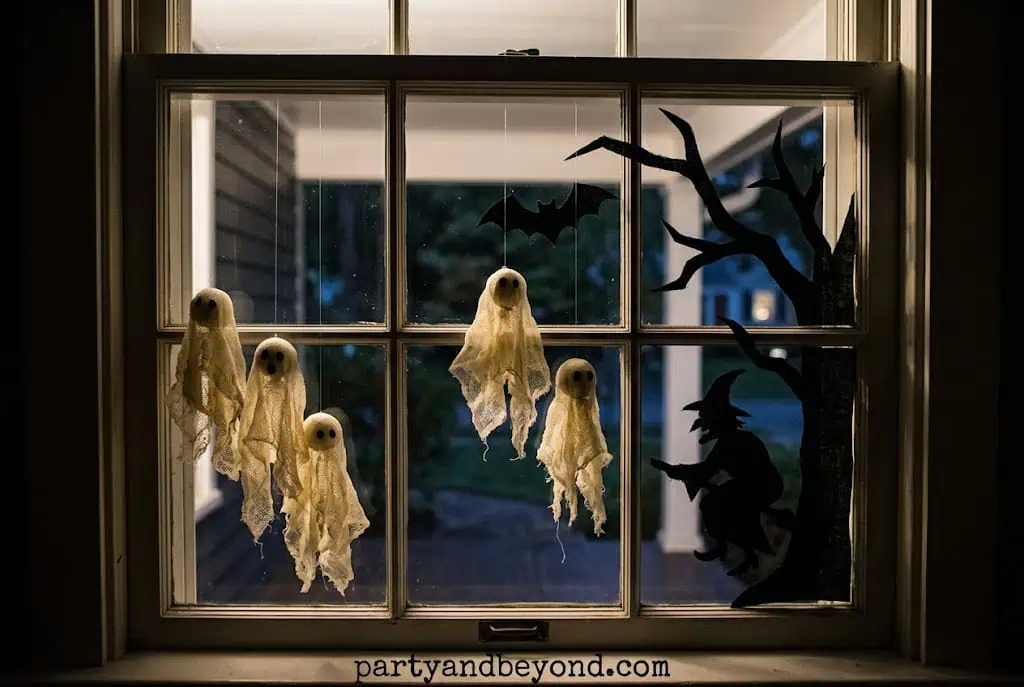 Black Halloween window silhouettes featuring witches, cats, and spooky hands.