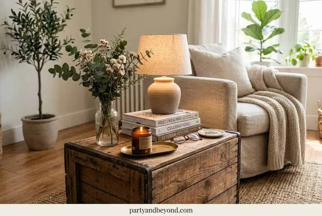 Wooden crate side table decorated with a lantern, pumpkin, and potted mum.