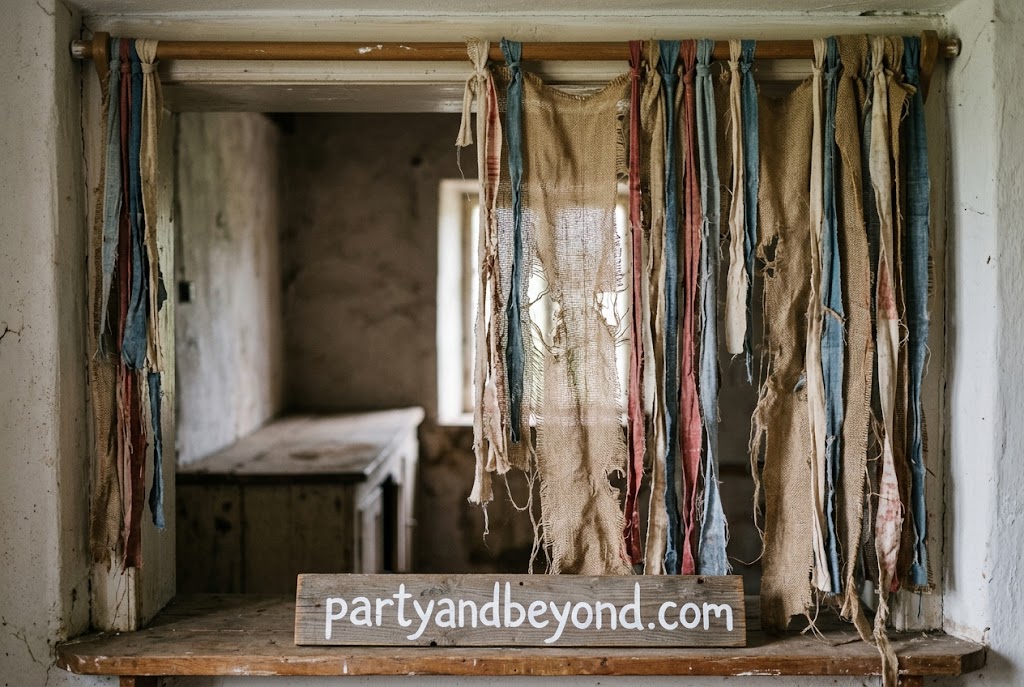DIY tattered black doorway curtain for a haunted Halloween entrance.