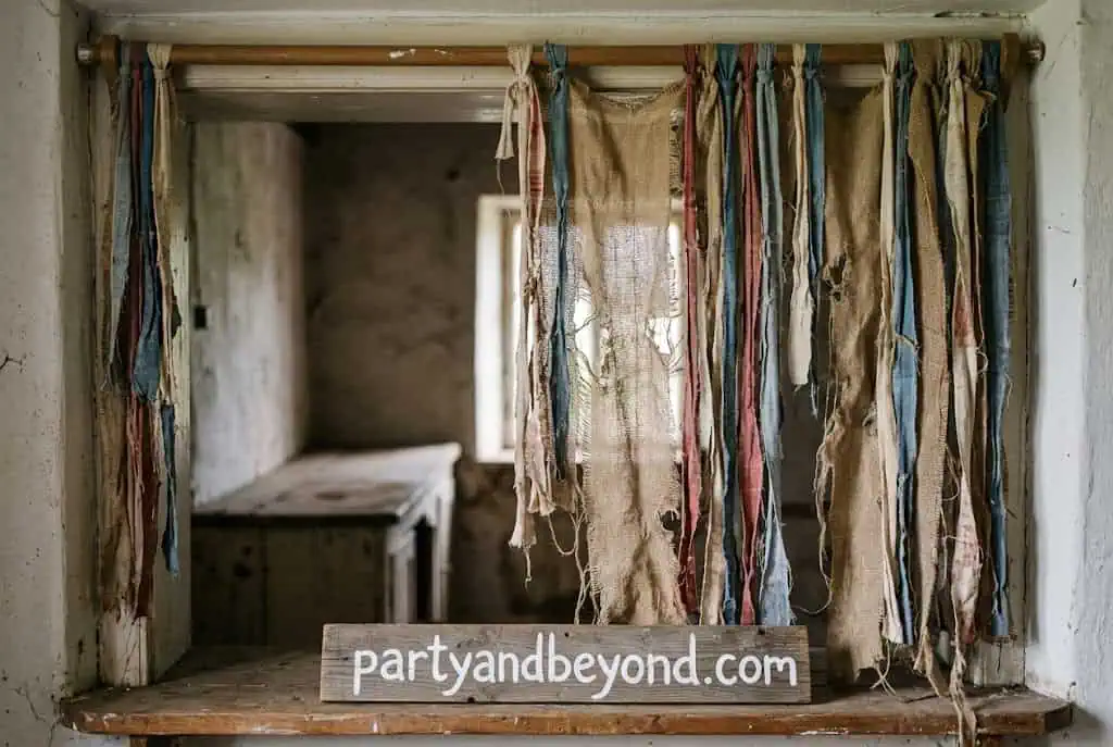 DIY tattered black doorway curtain for a haunted Halloween entrance.