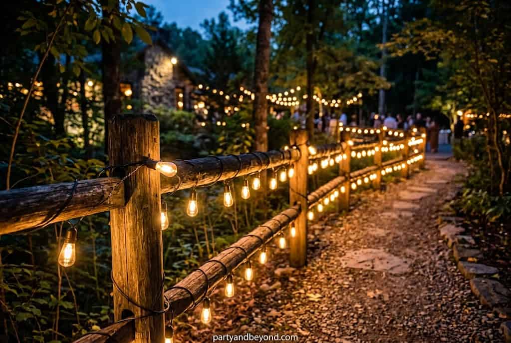 Warm white outdoor string lights wrapped around a porch railing for Thanksgiving.