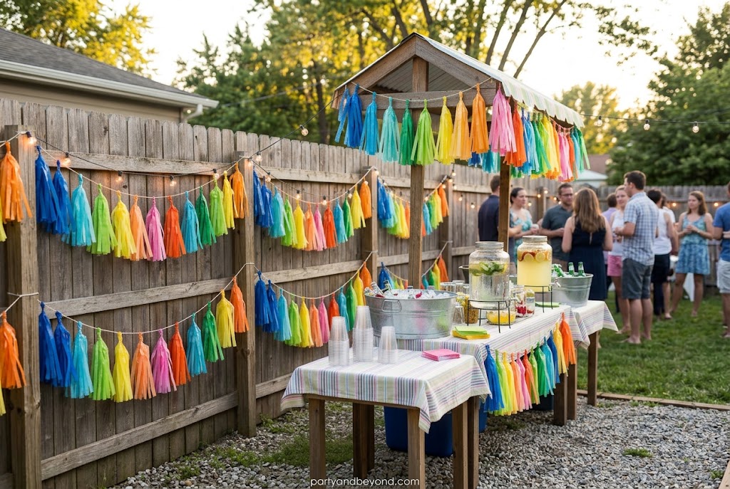DIY hula hoop chandeliers decorated with ribbon and fairy lights Summer Party Decoration Ideas for Your Backyard