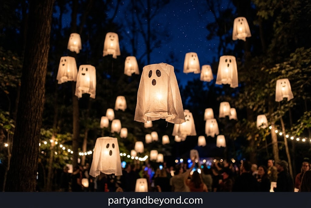 : Hanging ghost lanterns made with cheesecloth and LED lights.