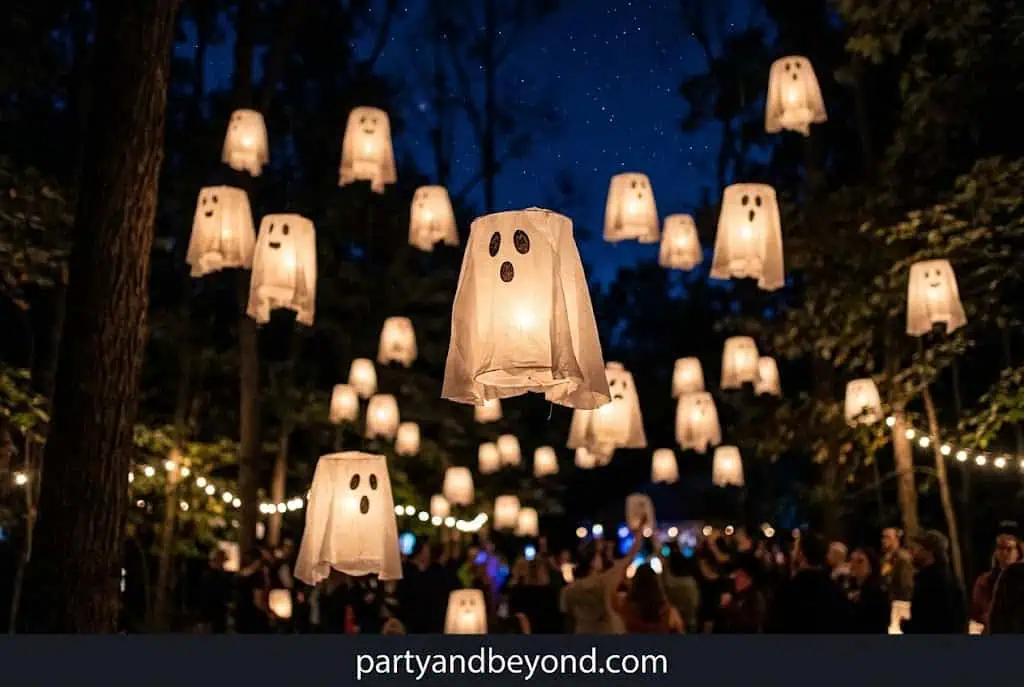 : Hanging ghost lanterns made with cheesecloth and LED lights.