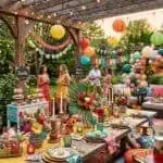 25 Summer Party Decoration Ideas for Your Backyard Finished backyard summer party decorated with DIY lights, tables, and photo backdrop