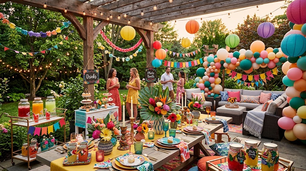 Finished backyard summer party decorated with DIY lights, tables, and photo backdrop