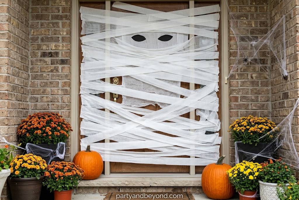 Front door wrapped like a mummy using white fabric and oversized eyes.