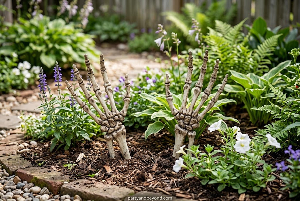 Skeleton hands emerging from flower pots and garden beds.