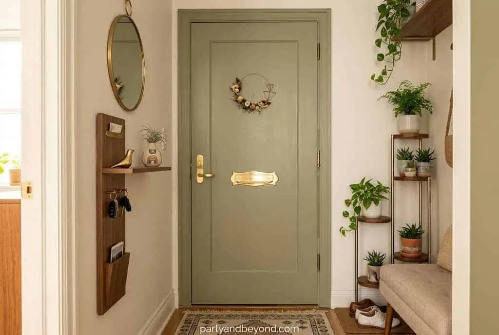 Small apartment door decorated with a wheat swag, lantern, pumpkins, and layered doormat.