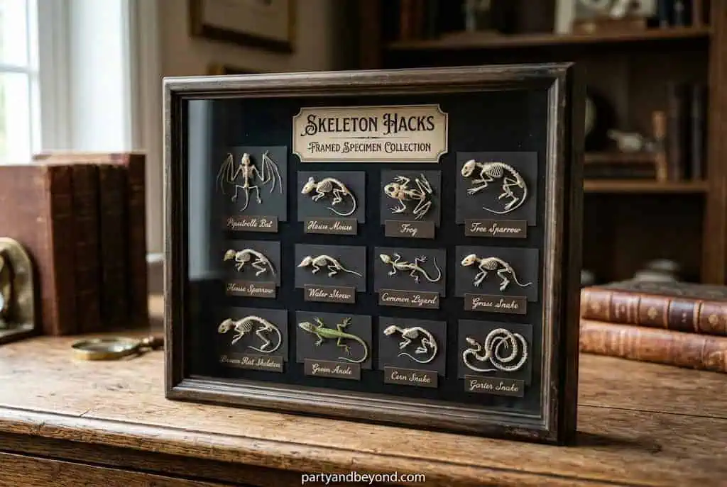 Framed Halloween specimen display with miniature skeleton creatures.