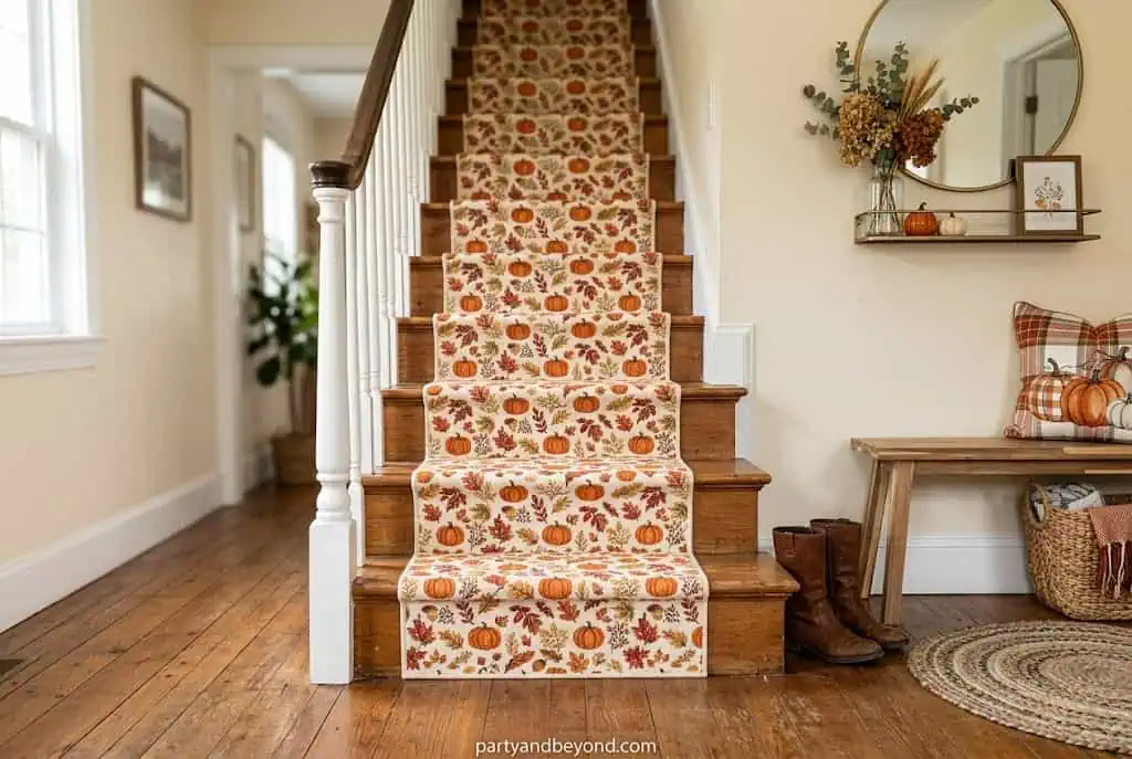 Pumpkins arranged along porch steps to create a festive Thanksgiving walkway Thanksgiving Porch Decor Ideas