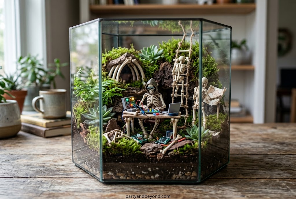 Mini Halloween skeleton terrarium with moss and decorative stones.