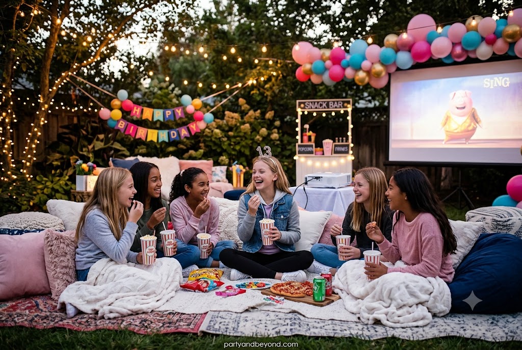 Backyard movie night setup for teenage birthday party with blankets and projector