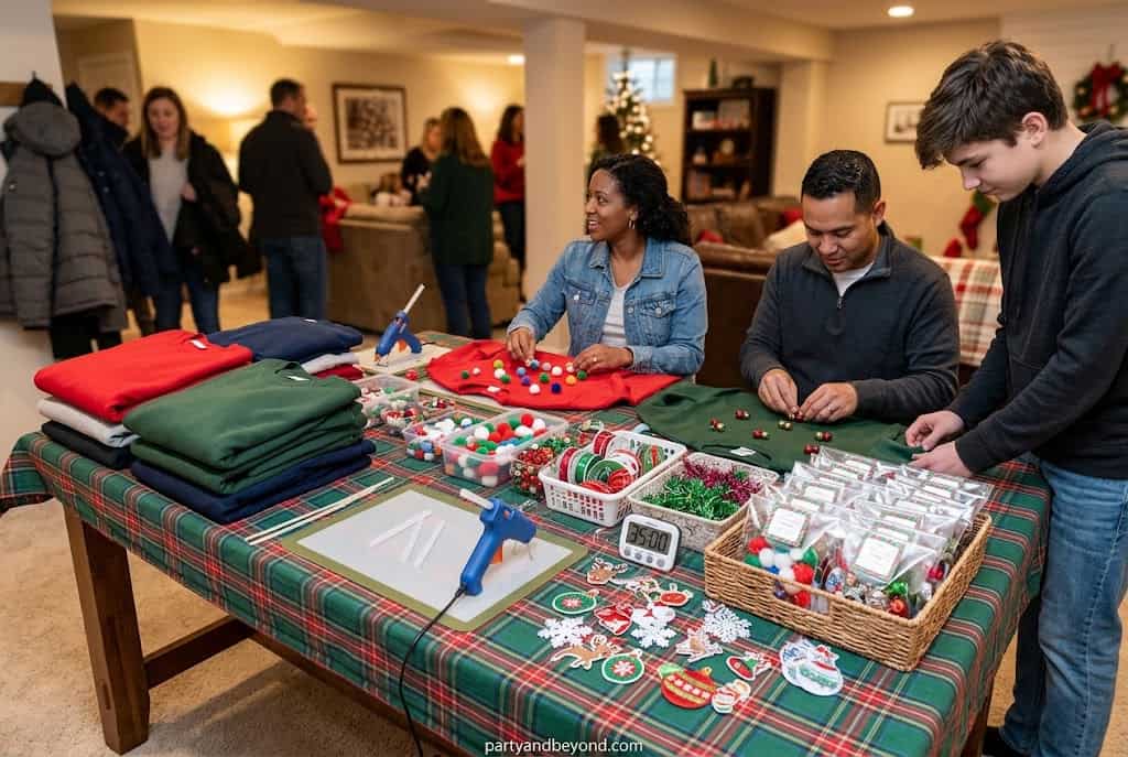 DIY ugly Christmas sweater decorating station with craft supplies and festive decorations.