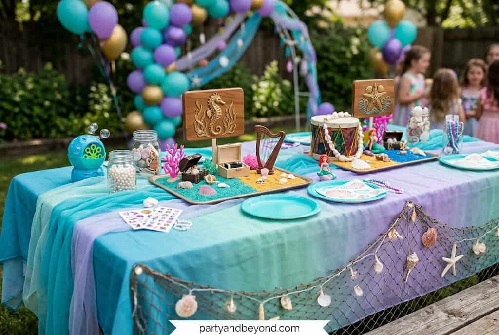 Children playing musical islands on colorful paper mats at a mermaid-themed birthday.