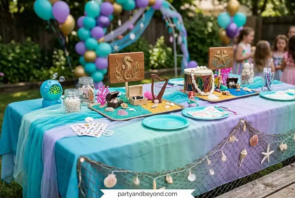 Children playing musical islands on colorful paper mats at a mermaid-themed birthday.