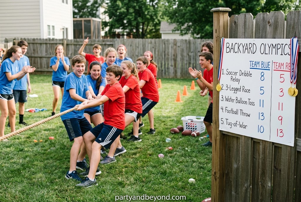 Backyard sports Olympics birthday party with teenage boys playing team games