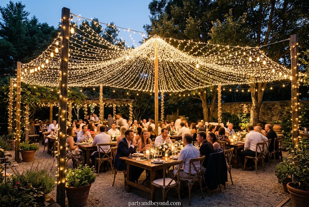 Outdoor BBQ party illuminated with warm string lights at sunset