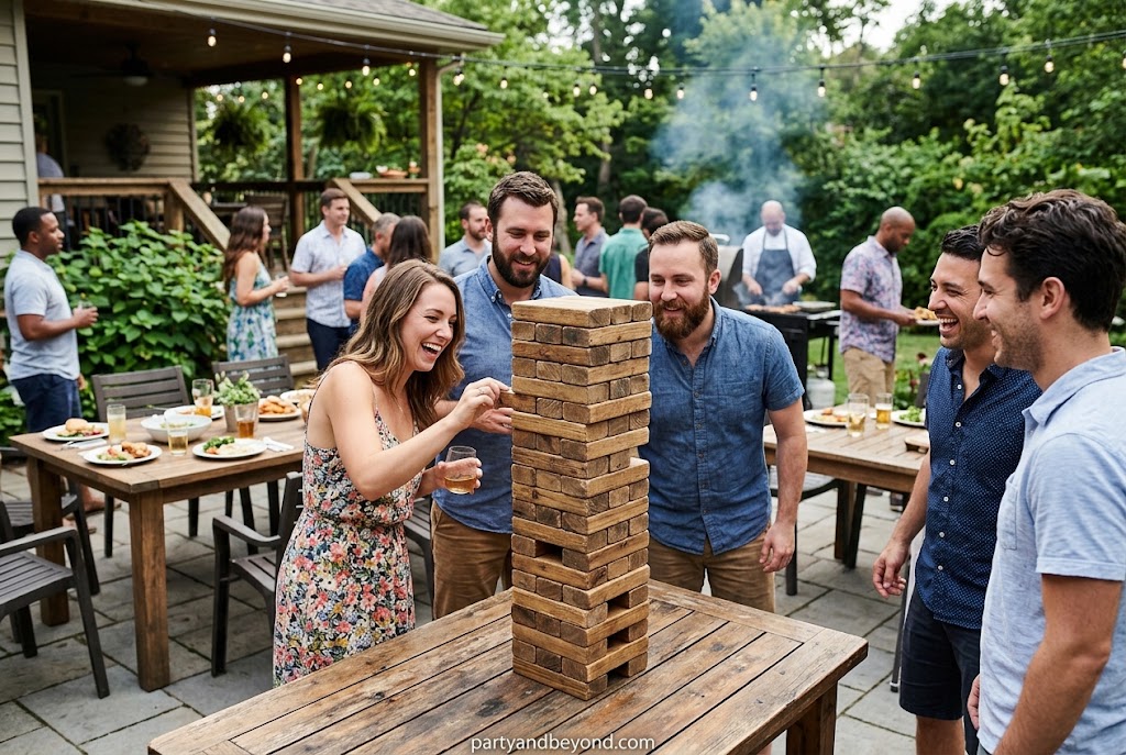 Guests enjoying giant Jenga game at an outdoor BBQ party