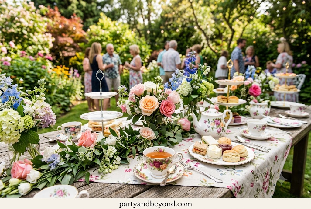 Outdoor garden tea party with floral decorations and rustic table setting