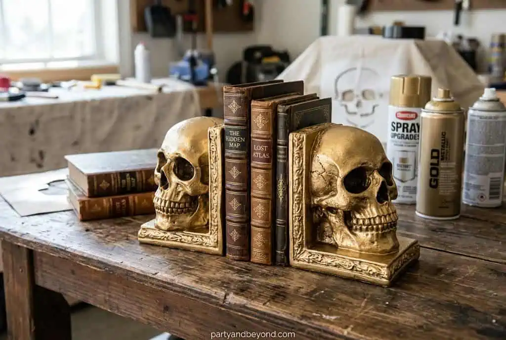 Gold-painted foam skull bookends decorating a Halloween bookshelf.