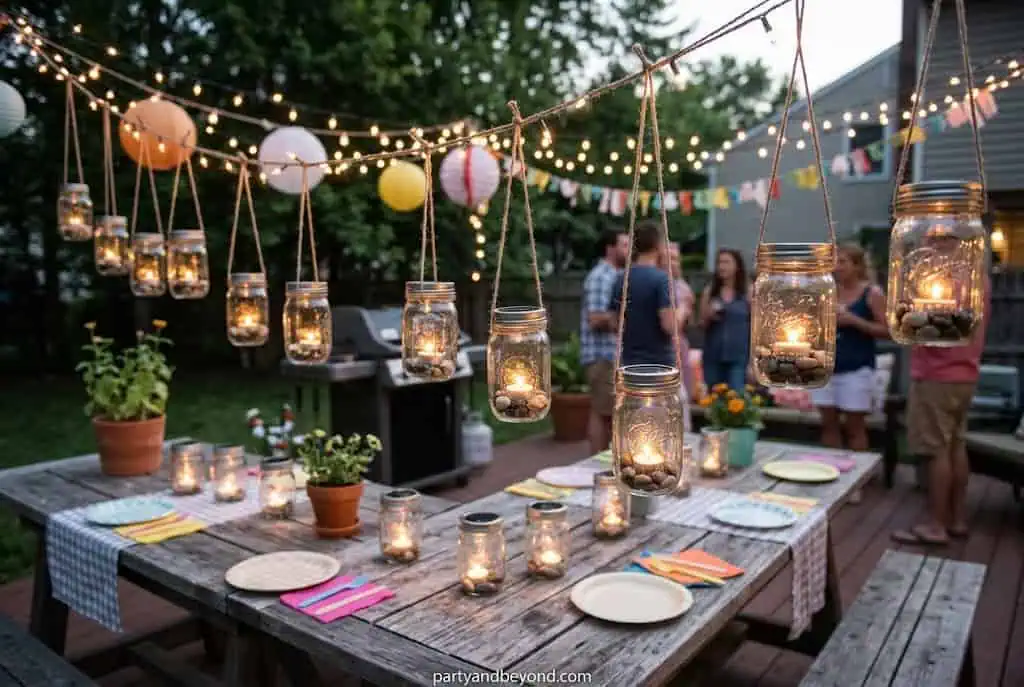 DIY mason jar solar lanterns lighting a backyard party walkway