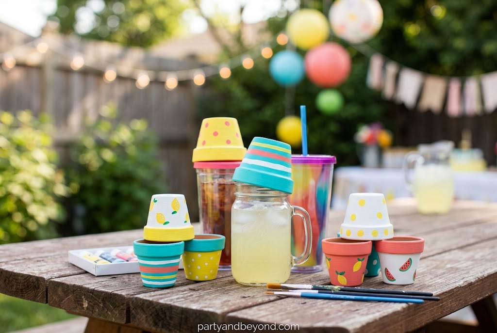 Painted terracotta pot drink markers for outdoor party guests