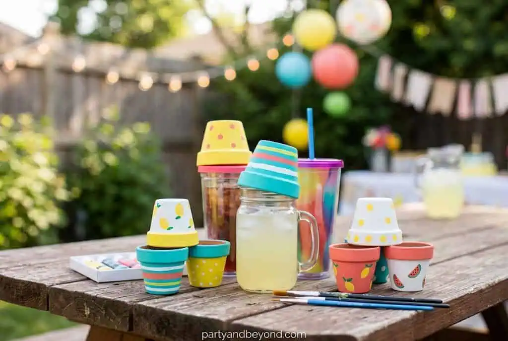 Painted terracotta pot drink markers for outdoor party guests