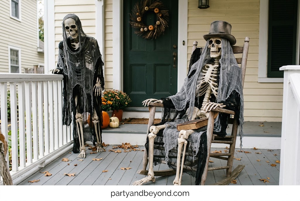 Hanging porch skeletons wrapped in aged cheesecloth for spooky outdoor decor.
