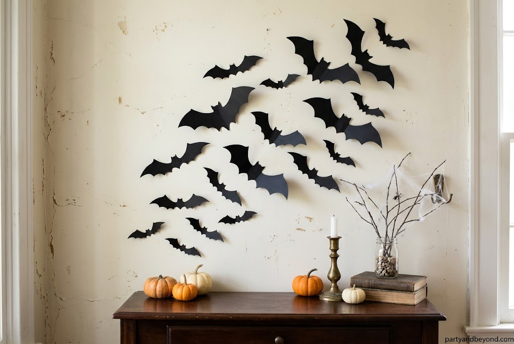 Flying paper bat wall display for Halloween home decoration. Dollar Store Halloween Decorations