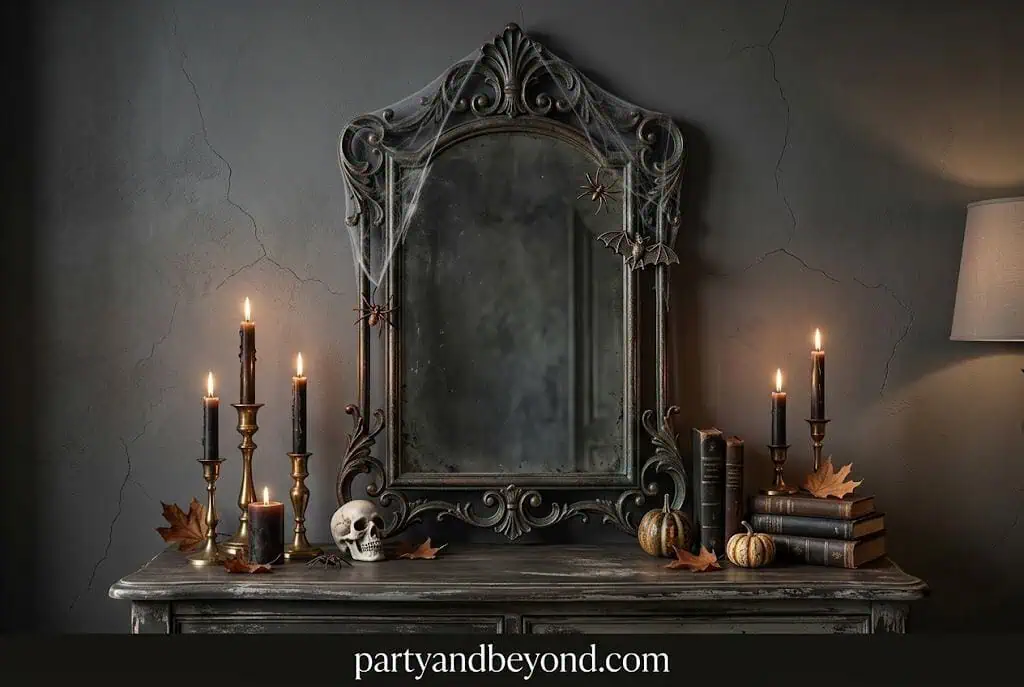 Distressed haunted mirror decorated with black paint and cheesecloth Dollar Store Halloween Decorations